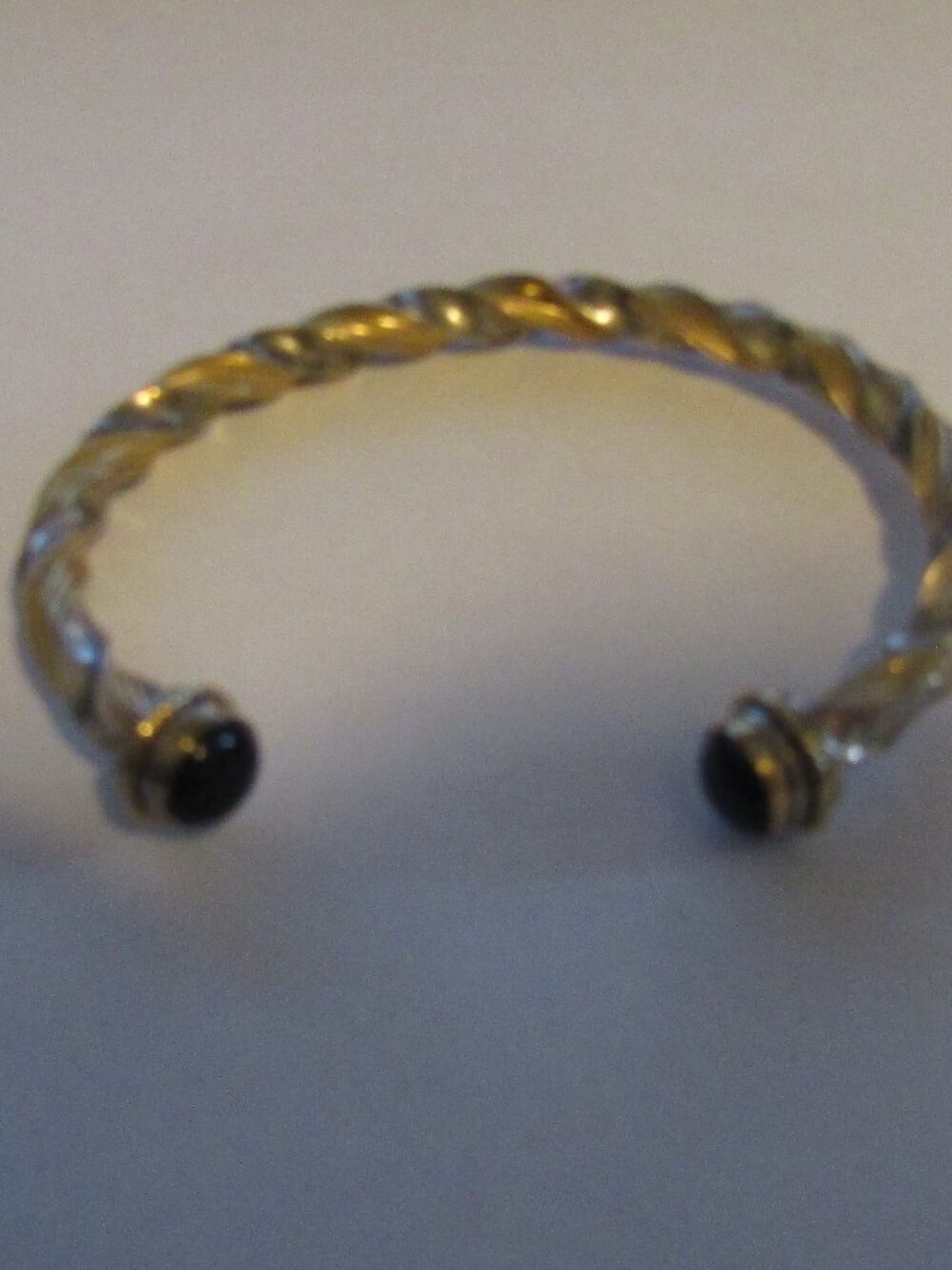 Signed 925 Silver & 14k GP? TWIST Bangle BRACELET with Onyx End Caps Vintage